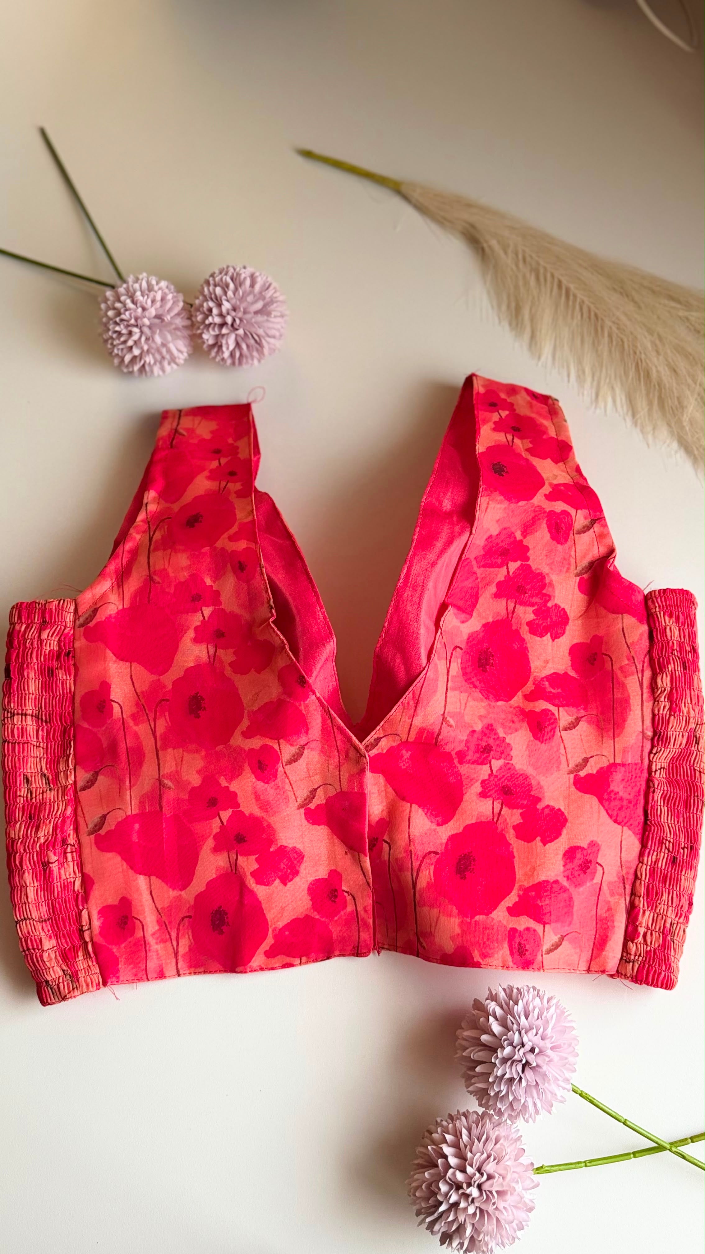 GULMOHAR ROOH coral floral print padded stretchable sleeveless blouse, back view