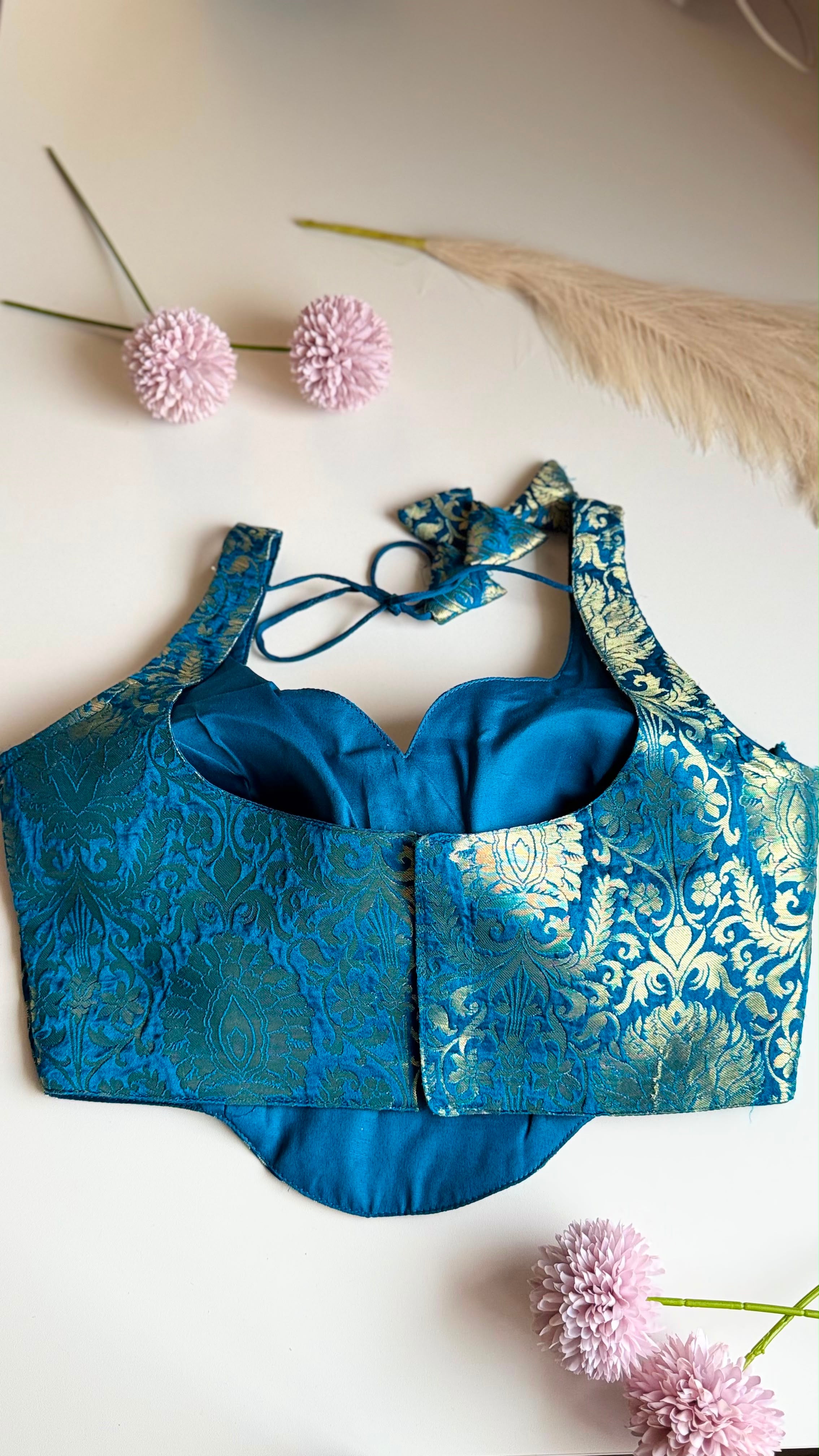 NEELIKA NAAZ peacock blue Banarasi brocade sleeveless blouse, back view