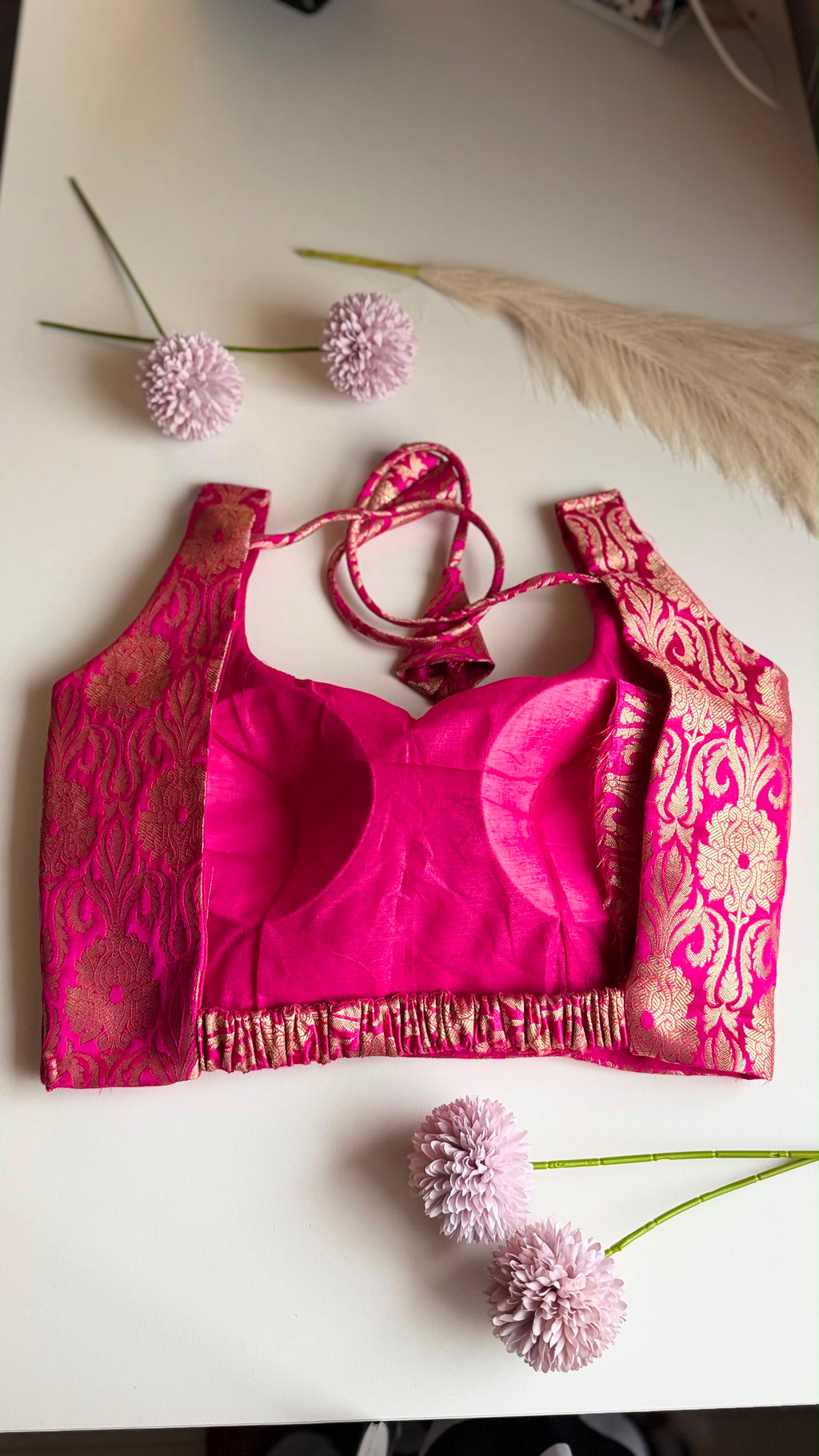 RANGREZ NAAZ fuchsia Banarasi brocade padded stretchable sleeveless blouse, front view