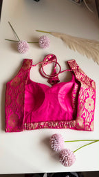 RANGREZ NAAZ fuchsia Banarasi brocade padded stretchable sleeveless blouse, front view