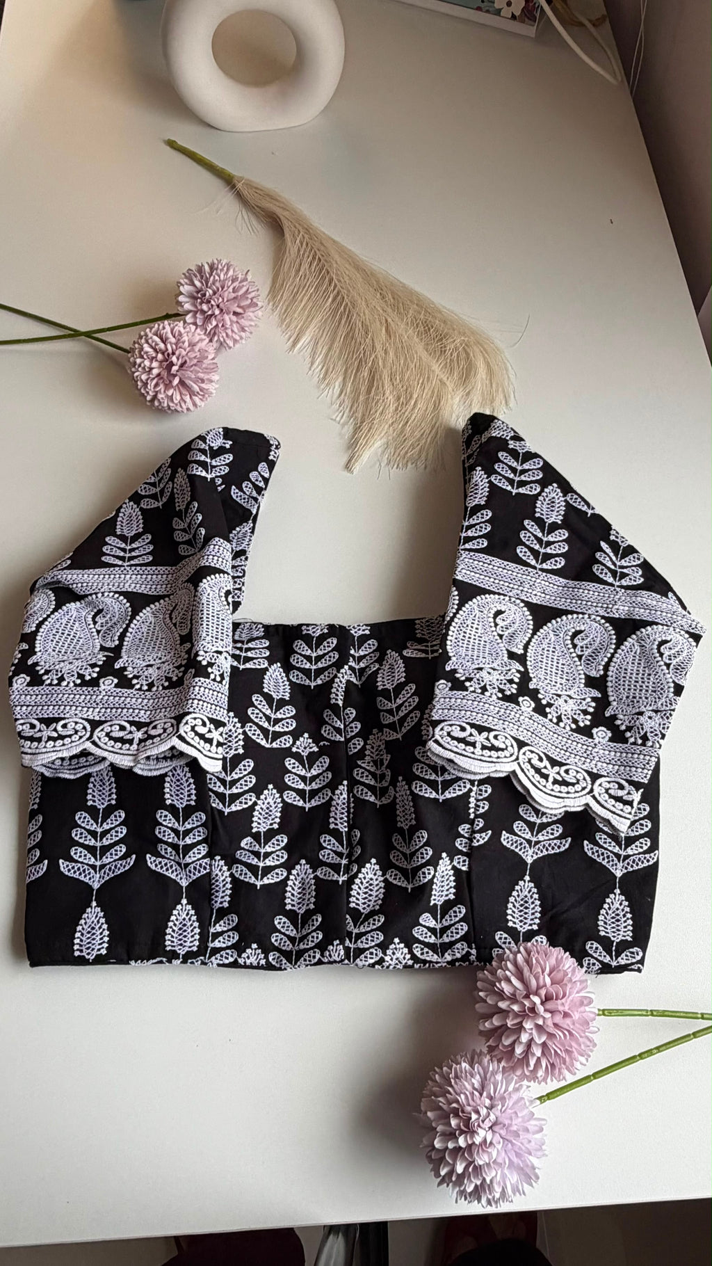 KAAJAL NOOR black chikankari padded stretchable blouse with sleeves, front view