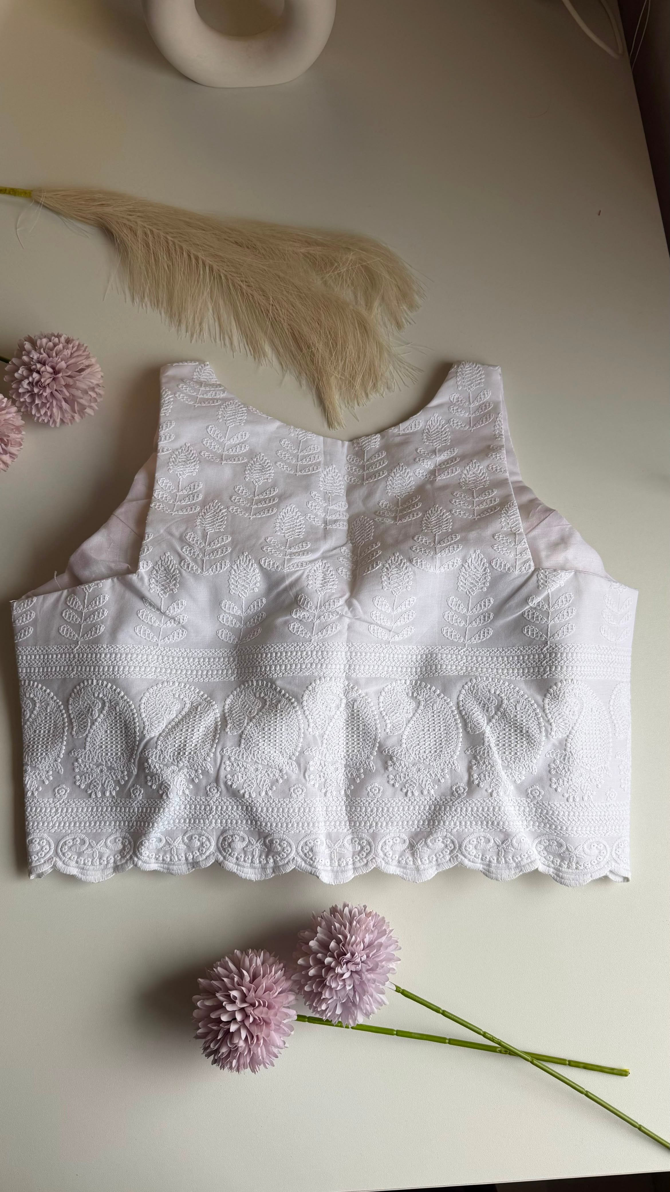 CHAND NOOR white chikankari padded sleeveless blouse, back view
