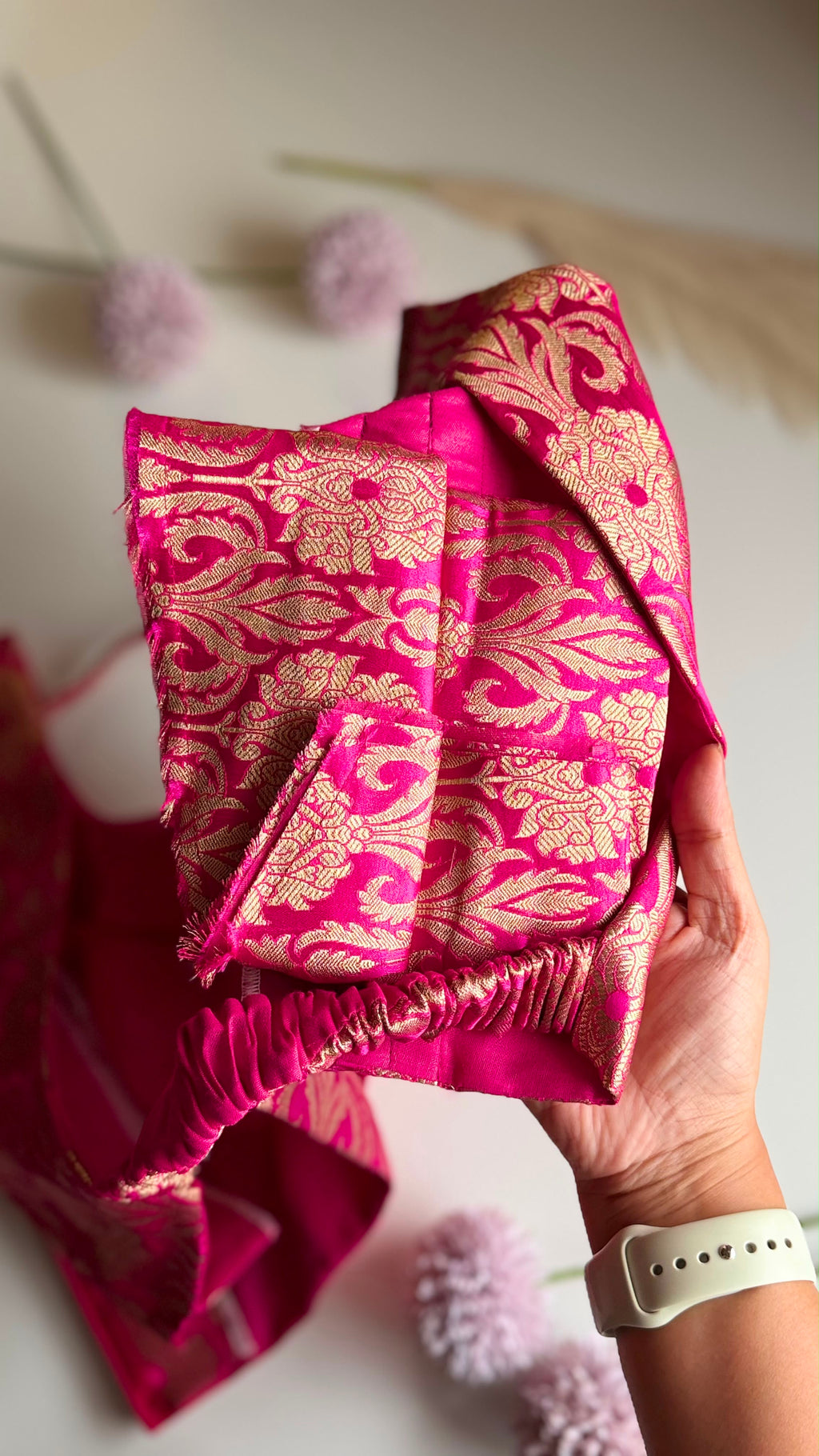 RANGREZ NAAZ fuchsia Banarasi brocade stretchable sleeveless blouse, back view