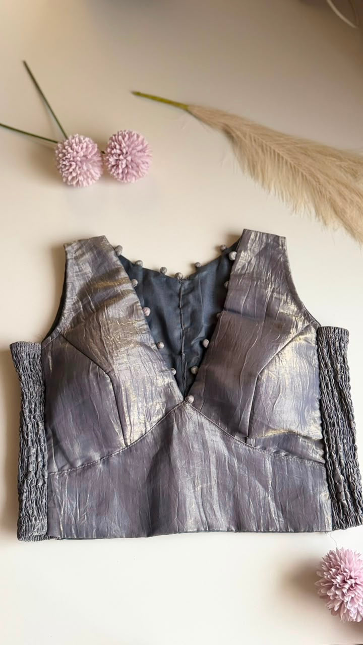 CHANDRIKA silver tissue padded stretchable sleeveless blouse, front view