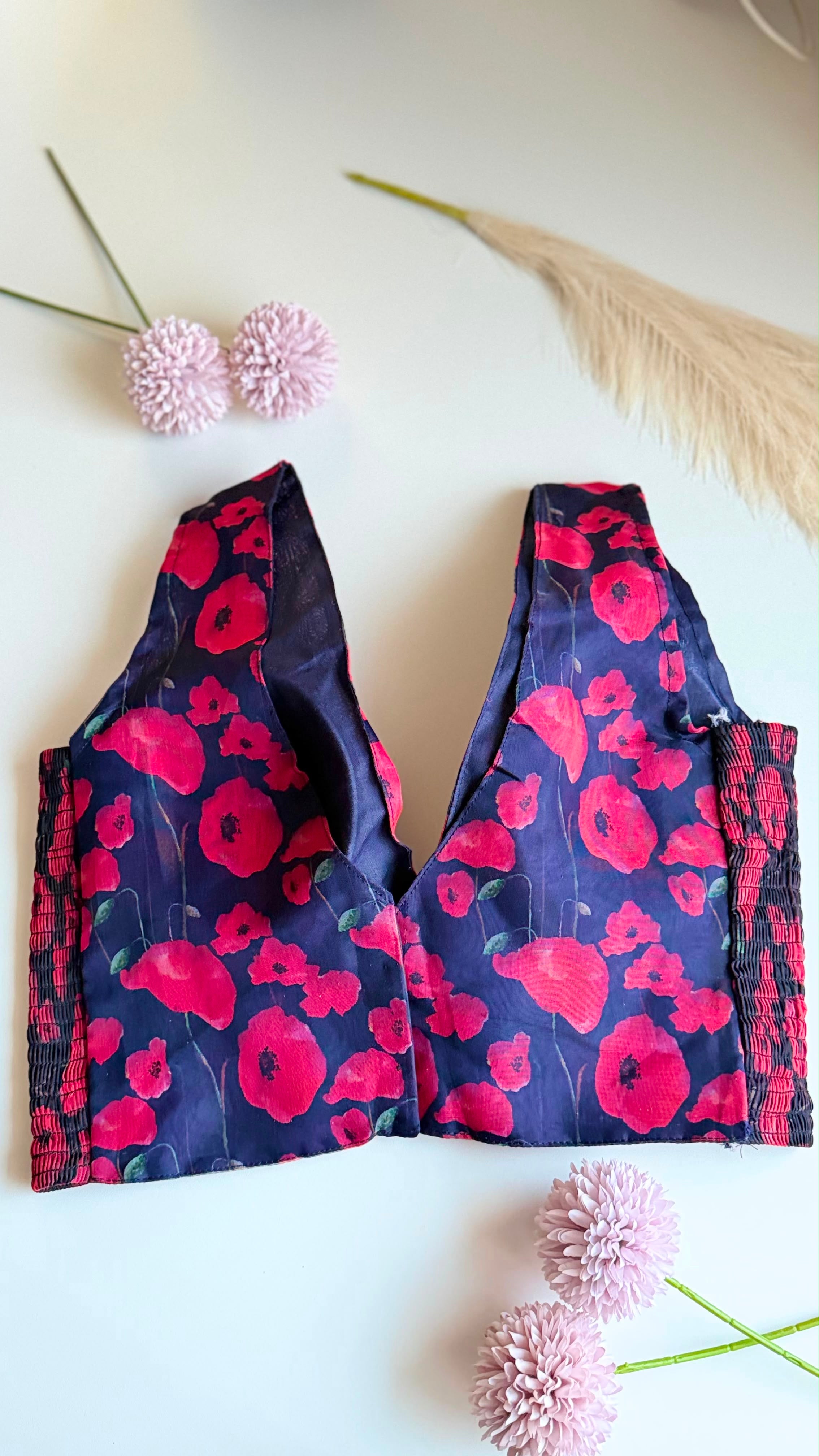 INDRANI ROOH navy floral print padded stretchable sleeveless blouse, back view