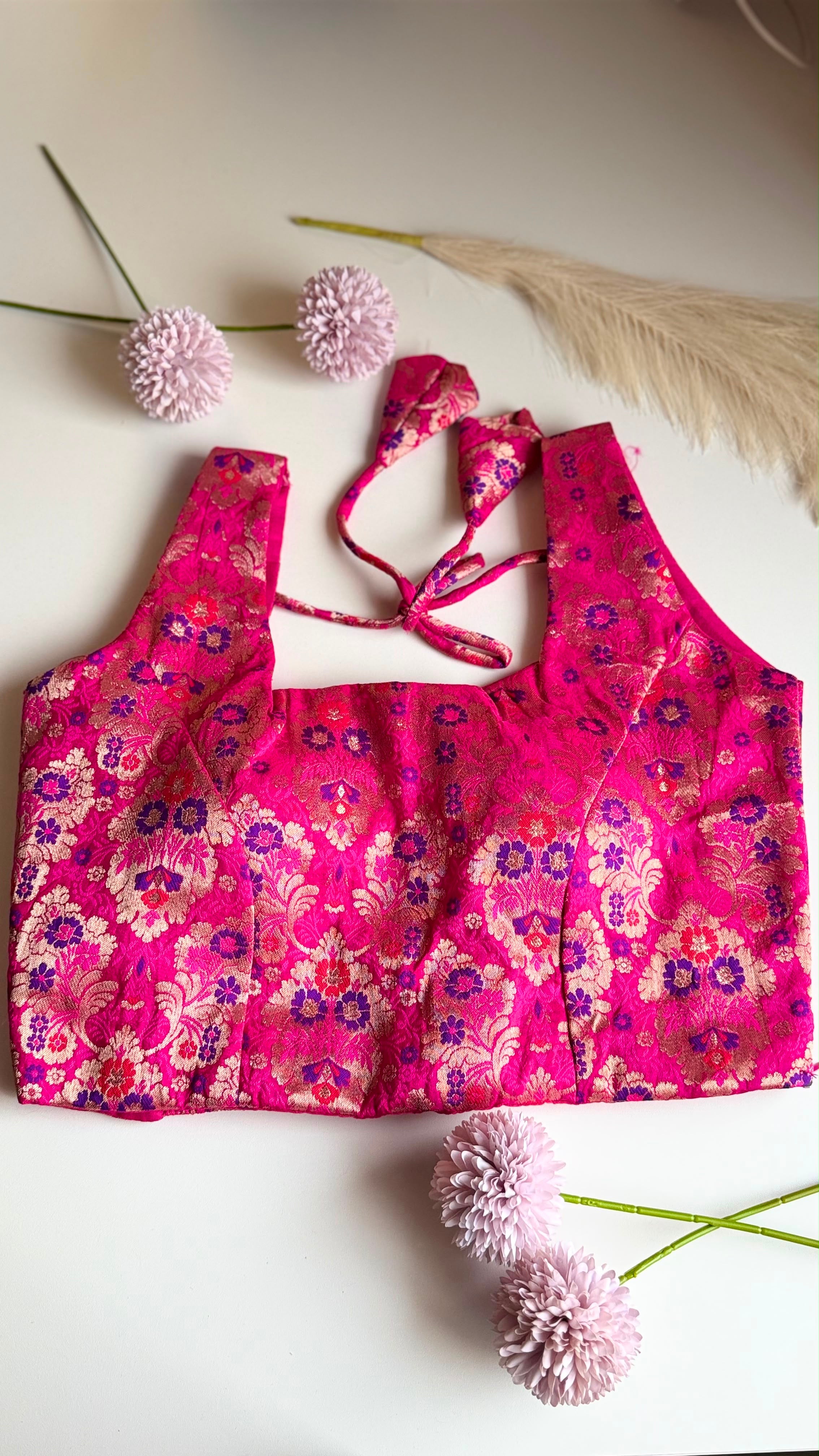 MOHINI NAAZ rani pink Banarasi brocade padded stretchable sleeveless blouse, front view