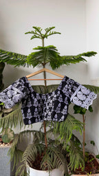 KAAJAL NOOR black chikankari padded stretchable blouse with sleeves, back view