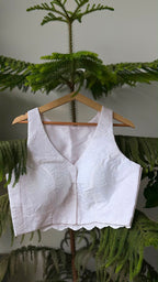 CHAND NOOR white chikankari padded sleeveless blouse, side view