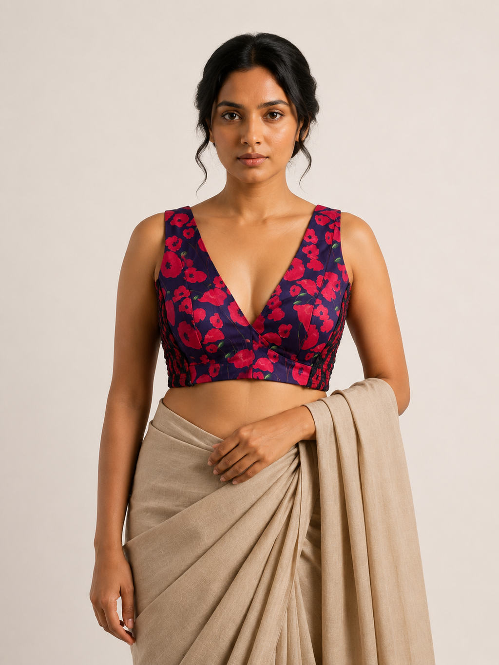 INDRANI ROOH navy floral print sleeveless blouse, styled model view