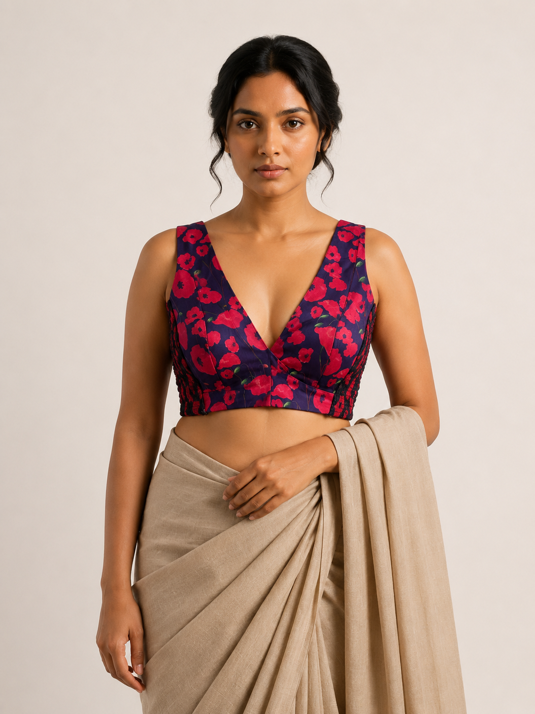 INDRANI ROOH navy floral print sleeveless blouse, styled model view