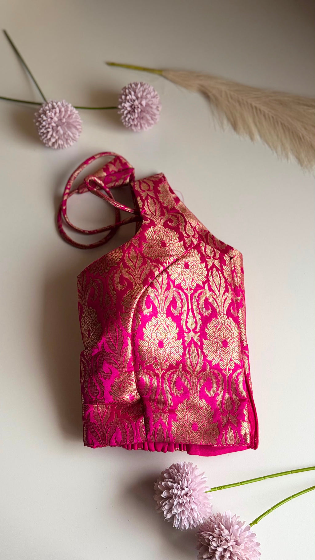 RANGREZ NAAZ fuchsia floral zari brocade sleeveless blouse, side view