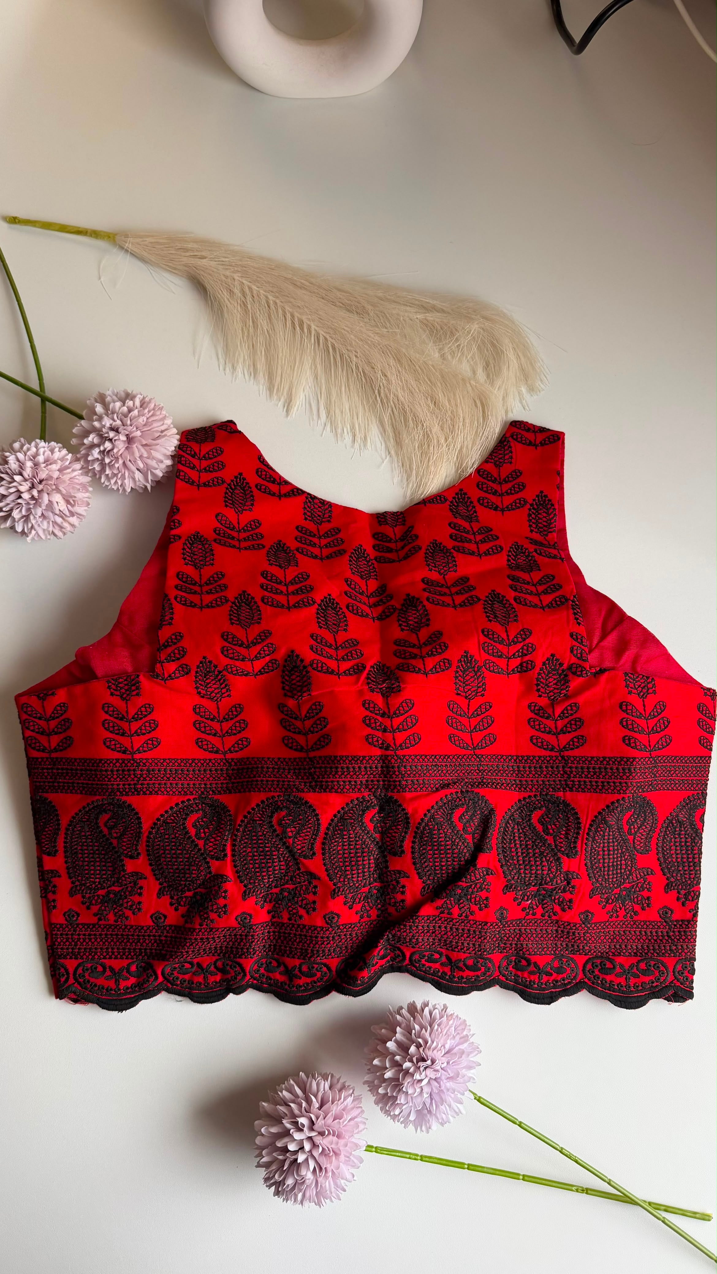 SINDOORI NOOR red and black printed padded sleeveless blouse, back view