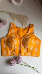 KESAR NOOR mustard chikankari padded sleeveless blouse, front view