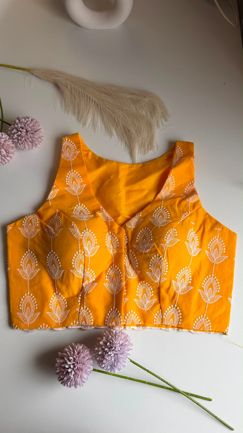 KESAR NOOR mustard chikankari padded sleeveless blouse, front view