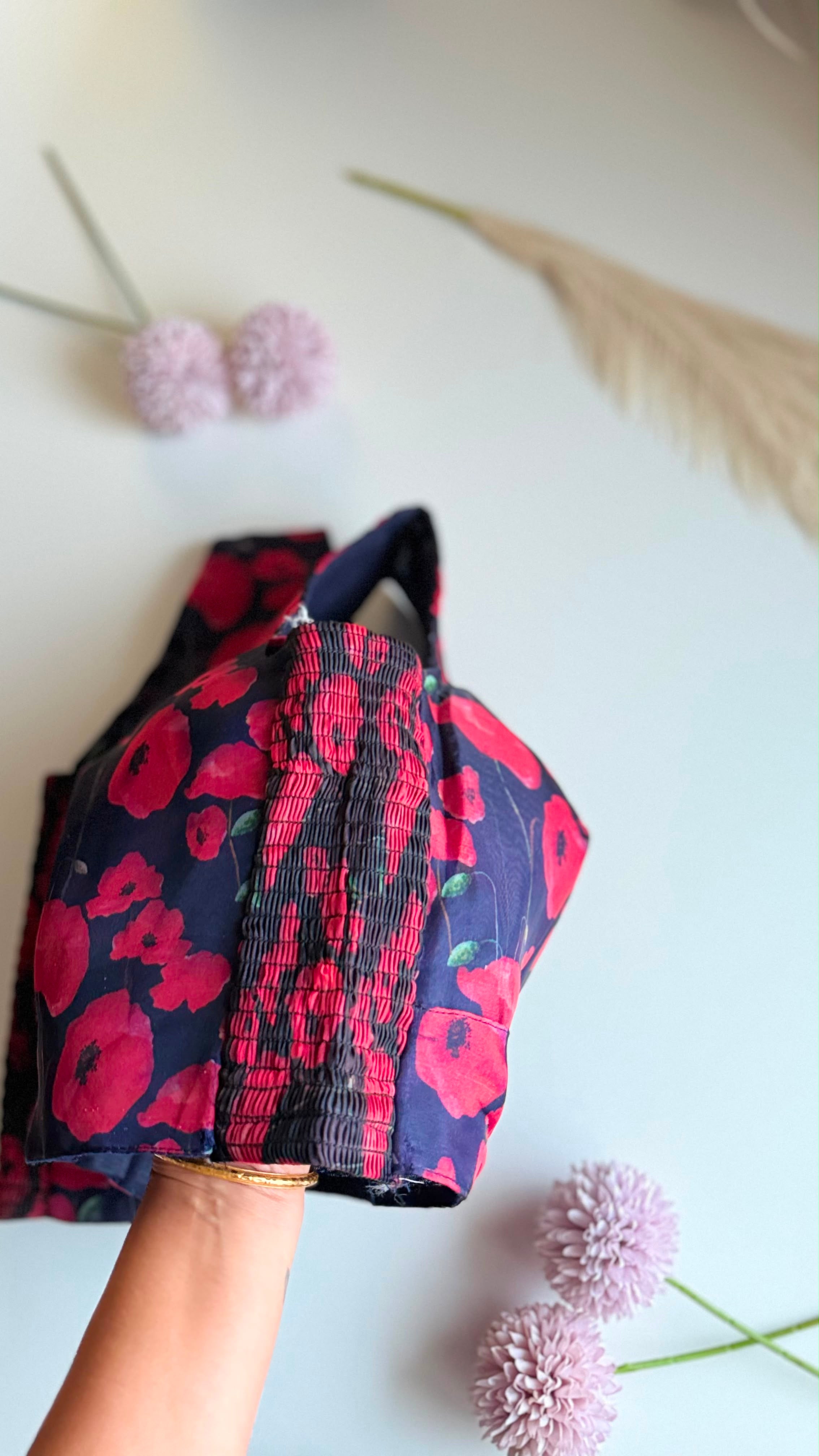 INDRANI ROOH navy floral print sleeveless blouse, detail view