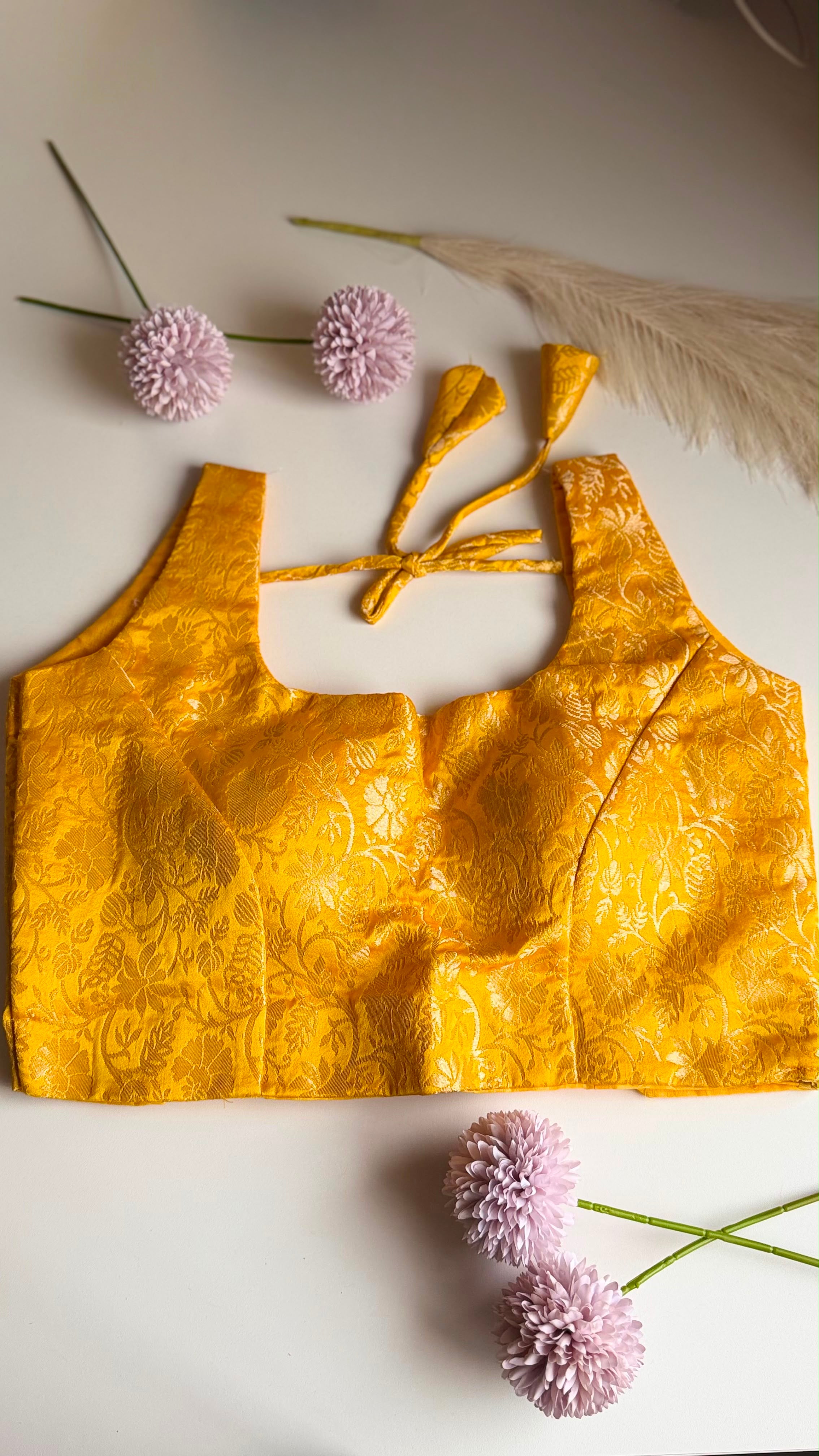 SWARNA NAAZ golden Banarasi brocade padded stretchable sleeveless blouse, front view