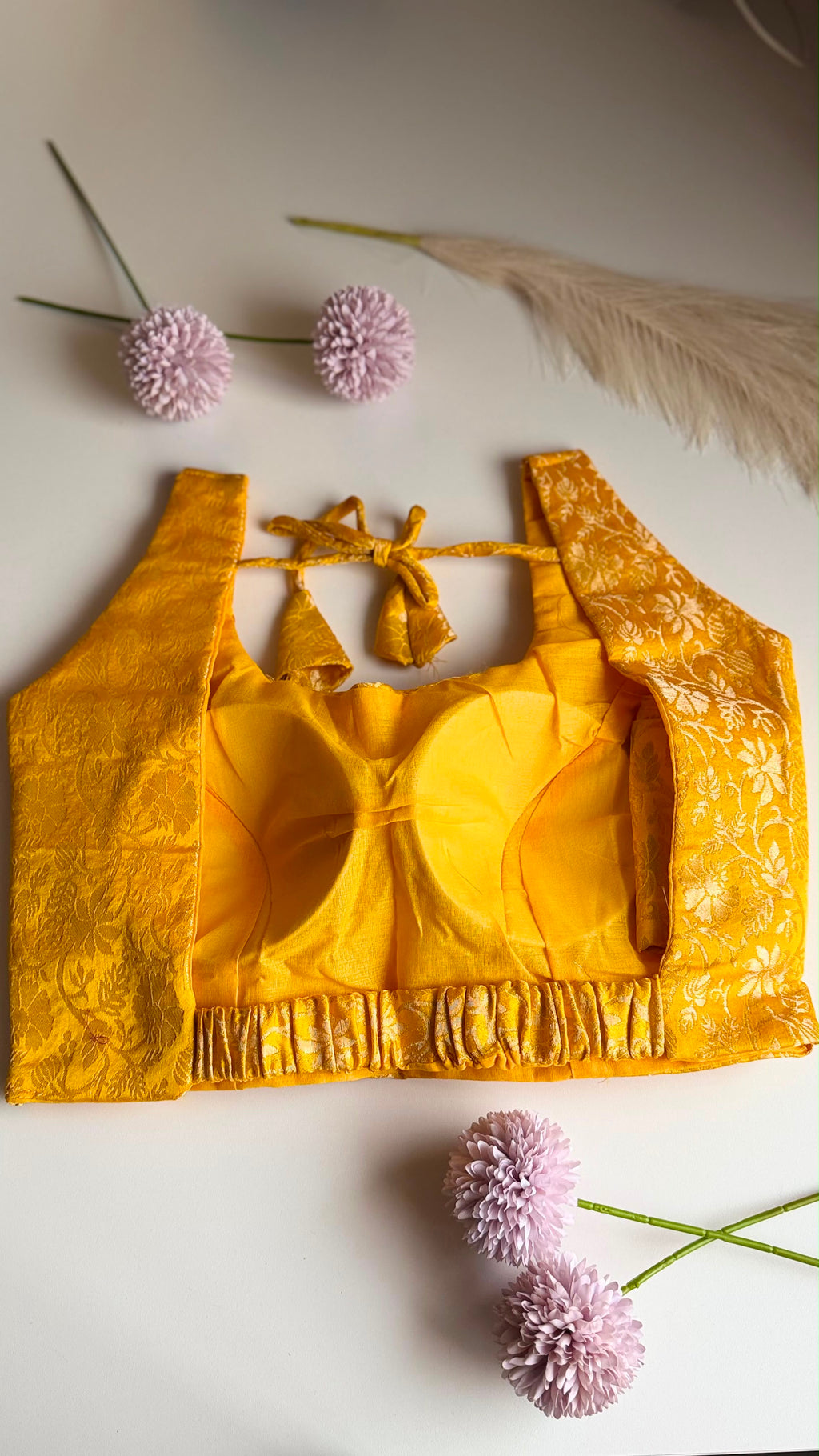 SWARNA NAAZ golden zari floral brocade sleeveless blouse, side view