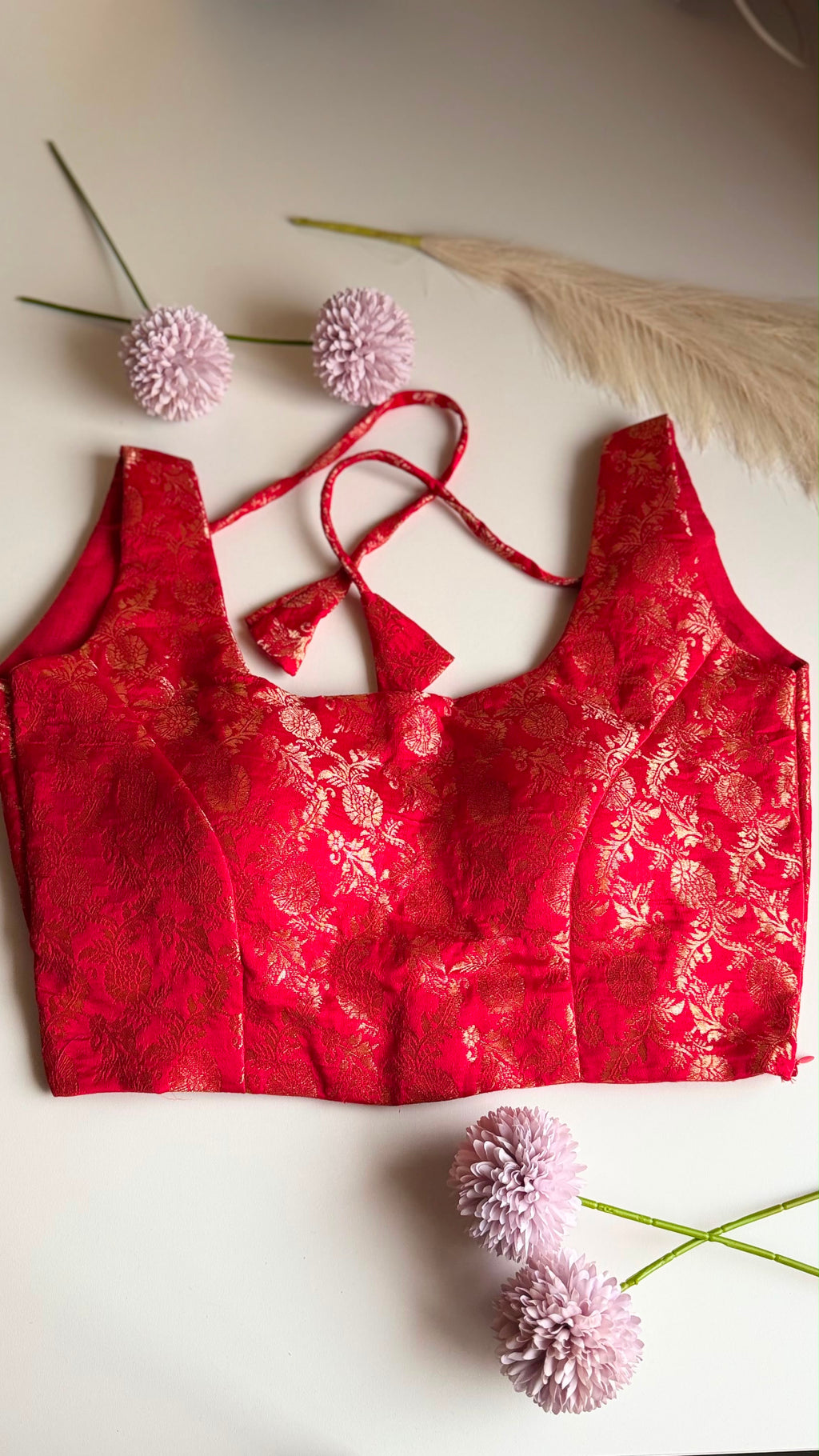 KUMKUM NAAZ crimson Banarasi brocade padded stretchable sleeveless blouse, front view