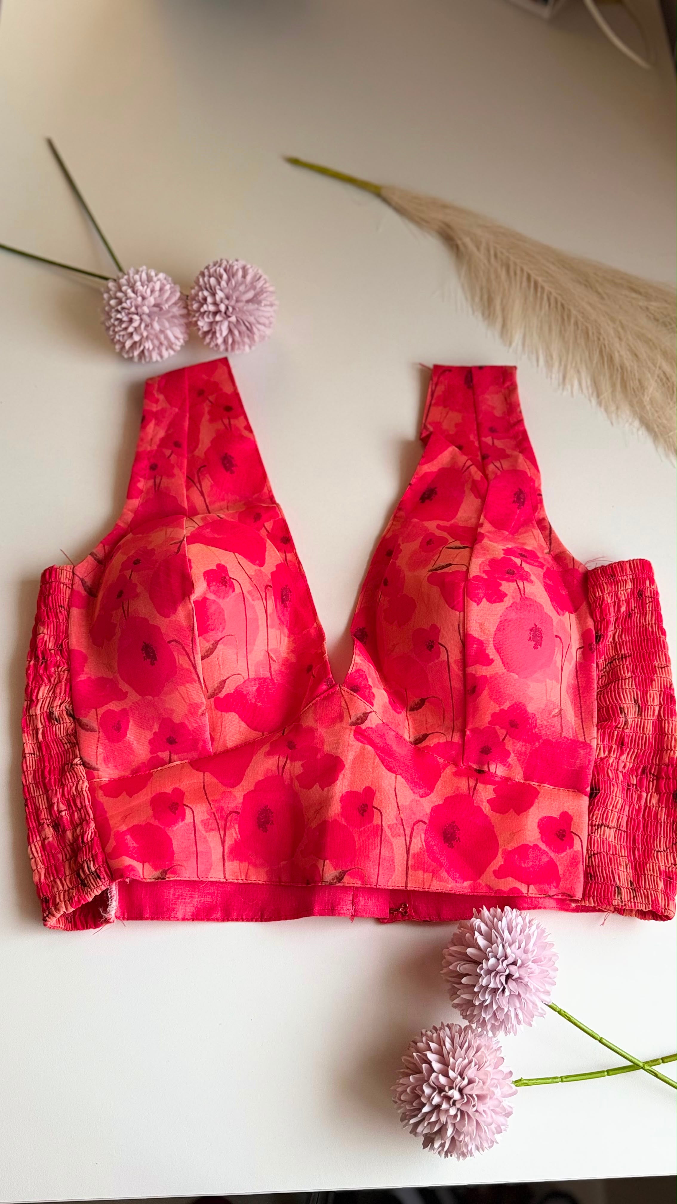GULMOHAR ROOH coral floral print padded stretchable sleeveless blouse, front view