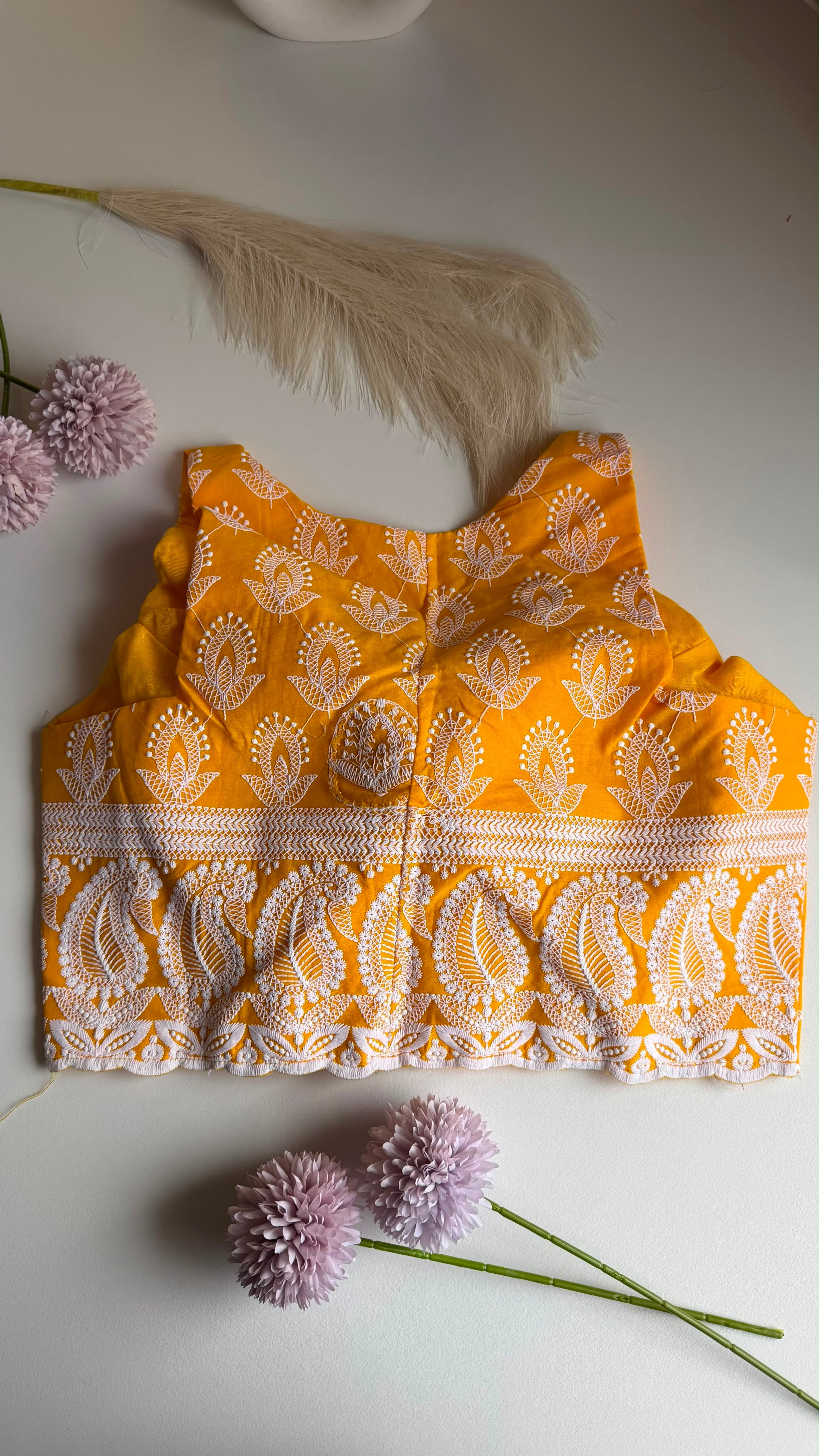 KESAR NOOR mustard chikankari padded sleeveless blouse, back view