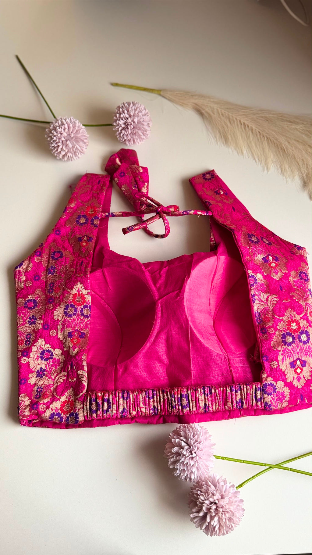 MOHINI NAAZ rani pink Banarasi brocade stretchable sleeveless blouse, back view