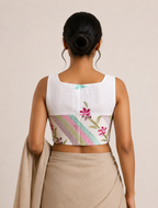 SUFIYA ivory floral sleeveless blouse, styled model view