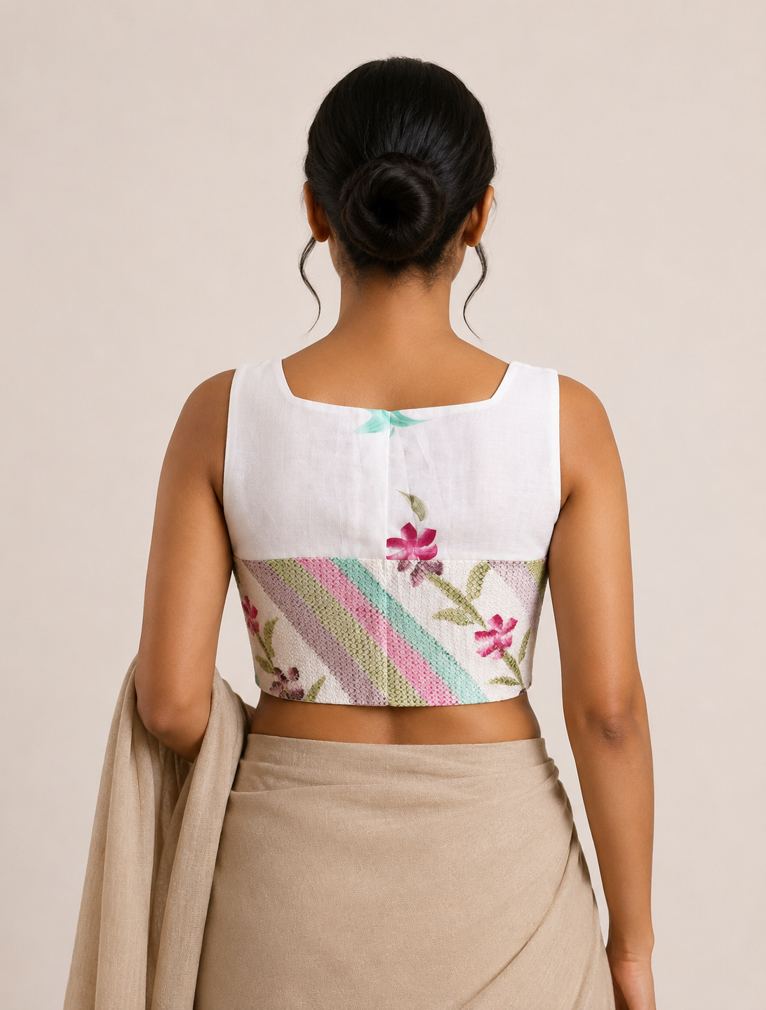 SUFIYA ivory floral sleeveless blouse, styled model view
