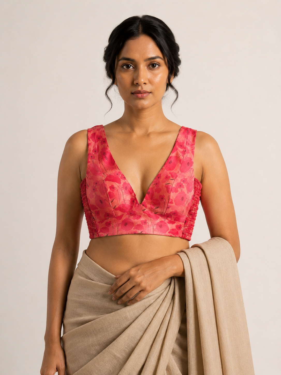 GULMOHAR ROOH coral floral print sleeveless blouse, styled model view