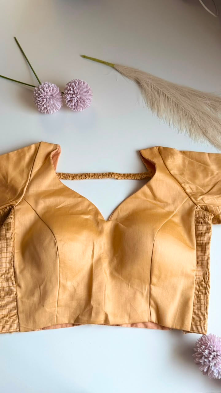 KANAK honey gold cotton silk padded blouse with elbow sleeves, front view