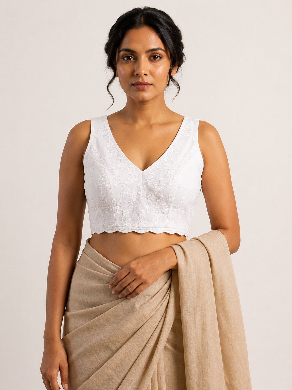 CHAND NOOR white chikankari sleeveless blouse, styled model view