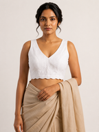 CHAND NOOR white chikankari sleeveless blouse, styled model view