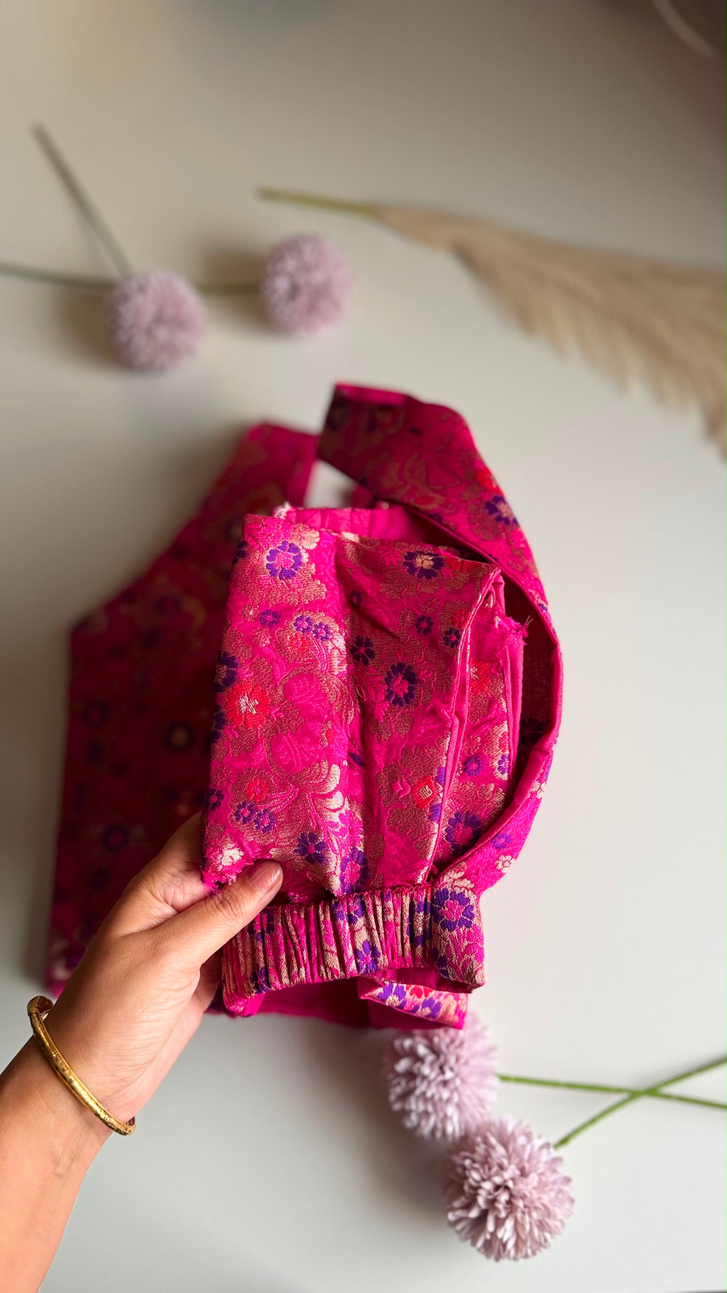MOHINI NAAZ rani pink Banarasi brocade blouse, zari detail view
