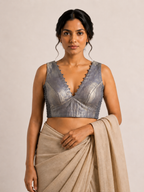 CHANDRIKA silver tissue sleeveless blouse, styled model view