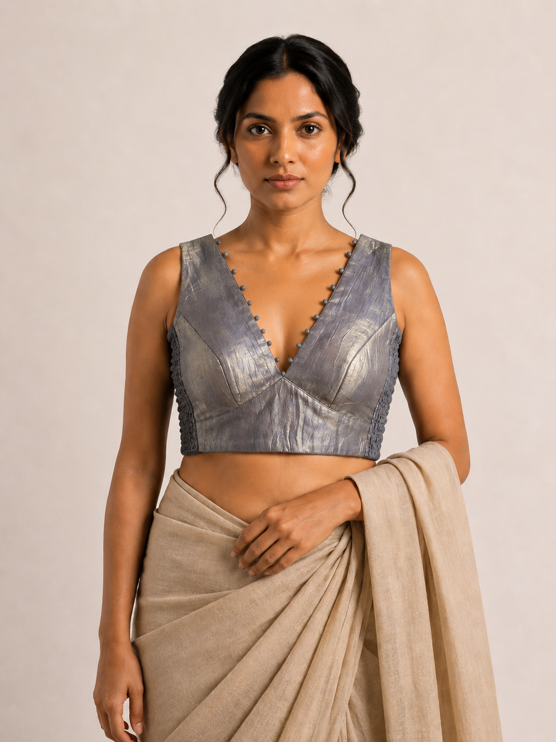 CHANDRIKA silver tissue sleeveless blouse, styled model view