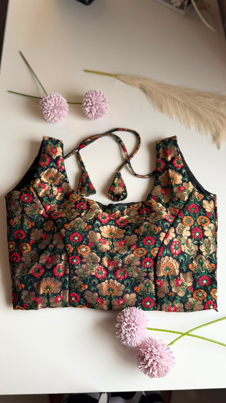 MEHFIL NAAZ floral Banarasi brocade padded stretchable sleeveless blouse, front view