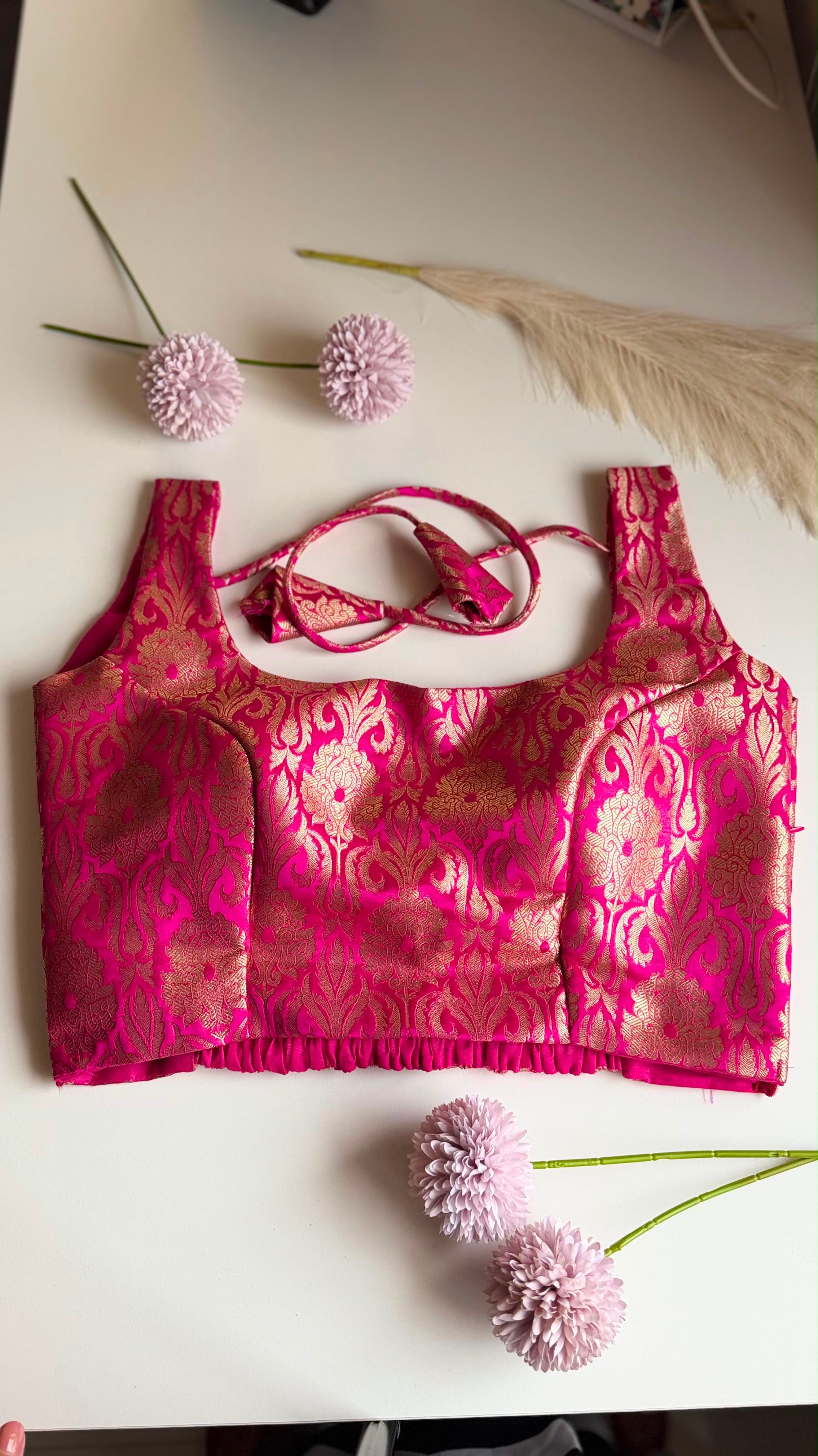 RANGREZ NAAZ fuchsia Banarasi brocade blouse, zari detail view