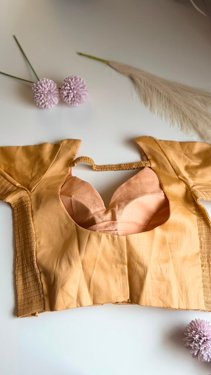 KANAK honey gold cotton silk stretchable blouse with elbow sleeves, back view