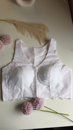 CHAND NOOR white chikankari padded sleeveless blouse, front view