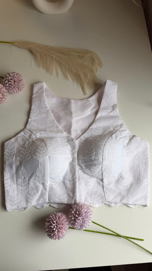 CHAND NOOR white chikankari padded sleeveless blouse, front view