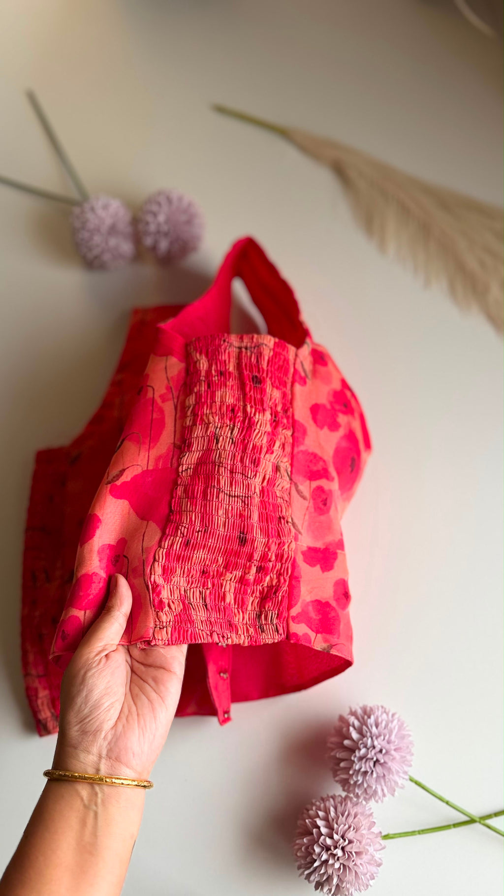 GULMOHAR ROOH coral floral print sleeveless blouse, detail view