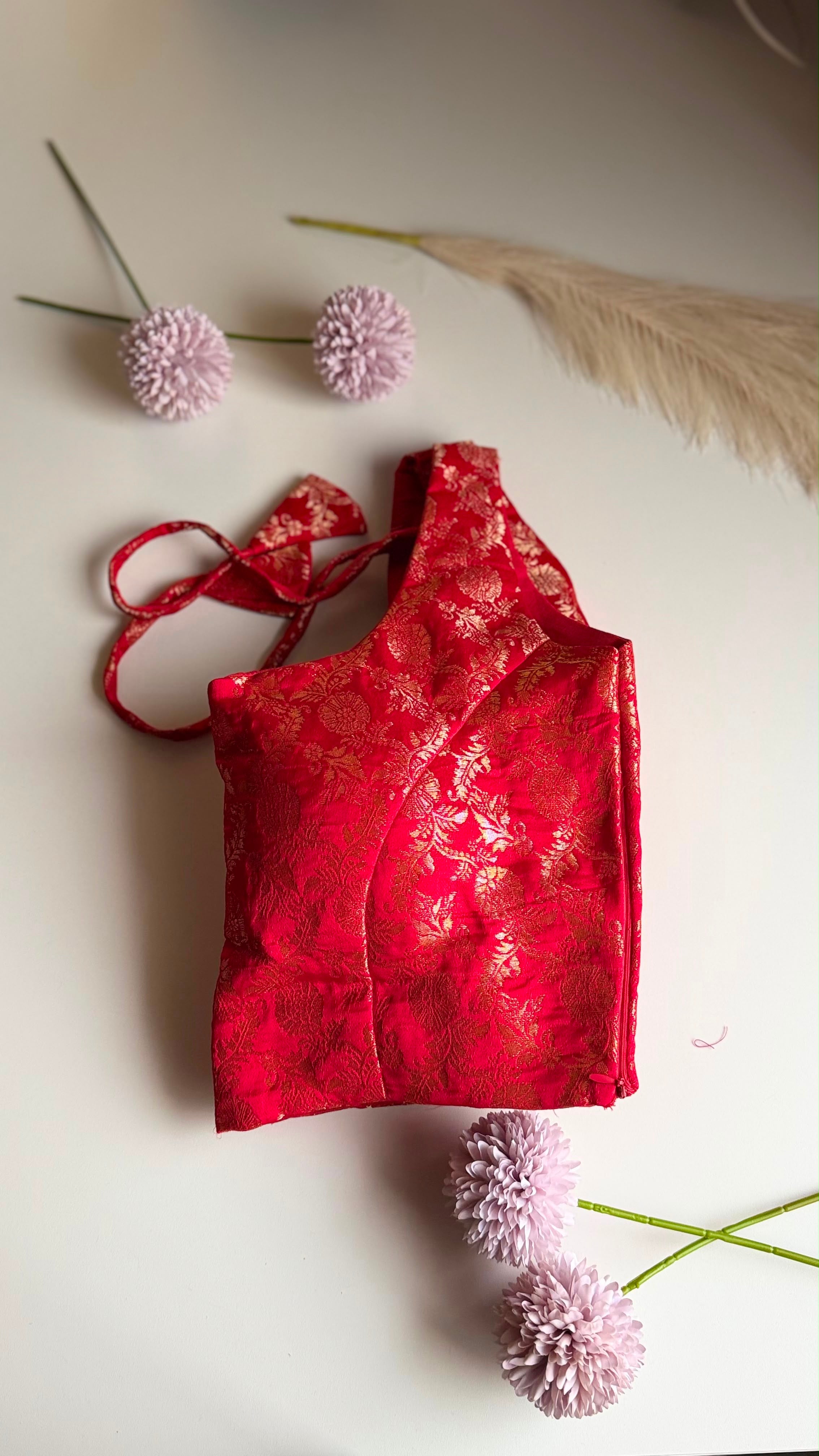 KUMKUM NAAZ crimson Banarasi brocade blouse, zari detail view