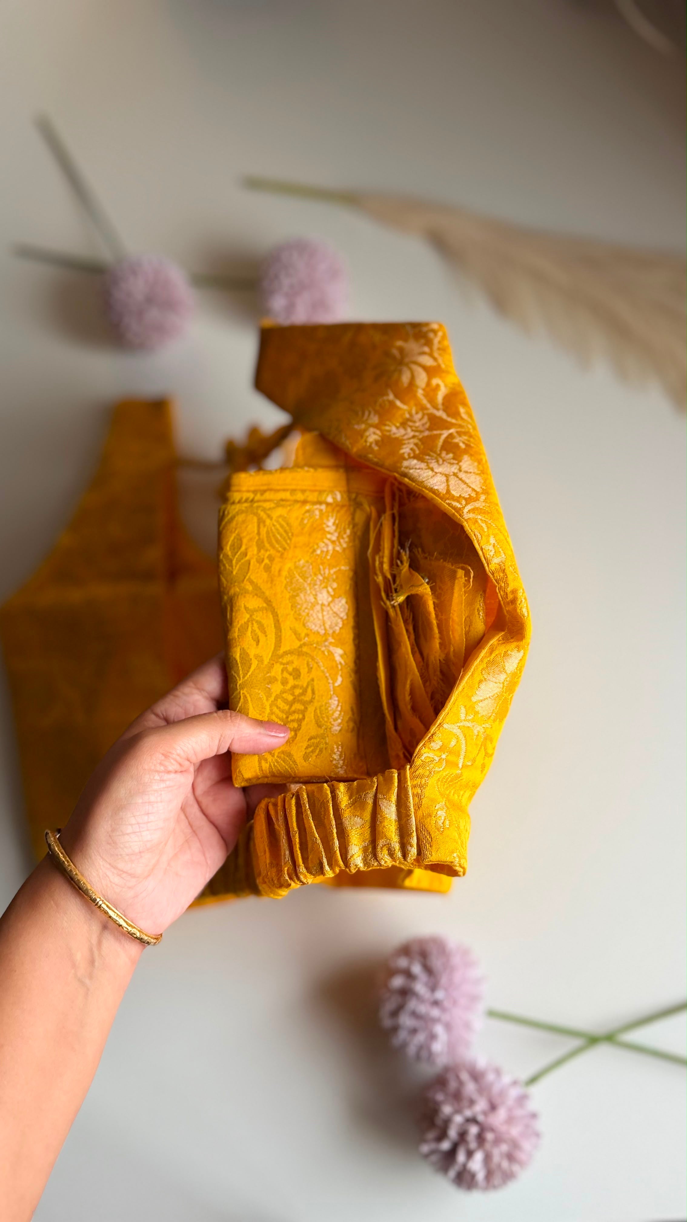 SWARNA NAAZ golden Banarasi brocade blouse, zari detail view