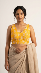 KESAR NOOR mustard chikankari sleeveless blouse, alternate styled view