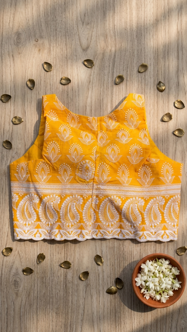 KESAR NOOR mustard chikankari sleeveless blouse, styled model view